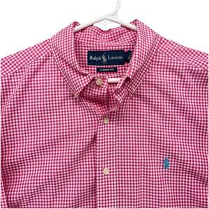 Polo Ralph Lauren Mens Shirt Classic Fit Cotton Pink Check Size Large Blue Pony